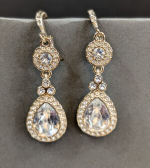Leverback Bridal Earrings Clear Crystal Teardrop Halo Gold Tone Wedding Prom